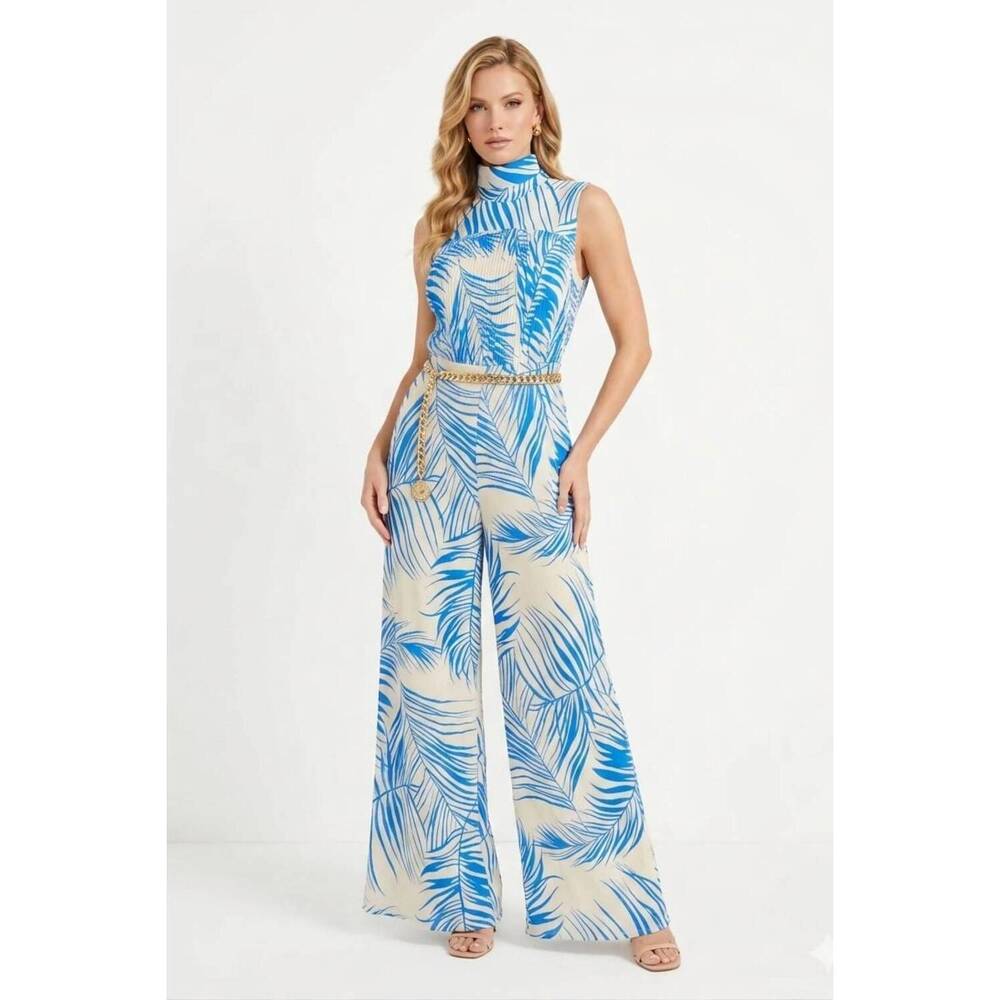 NEW CHICWAYS tropical palm pleated halter jumpsuit in blue